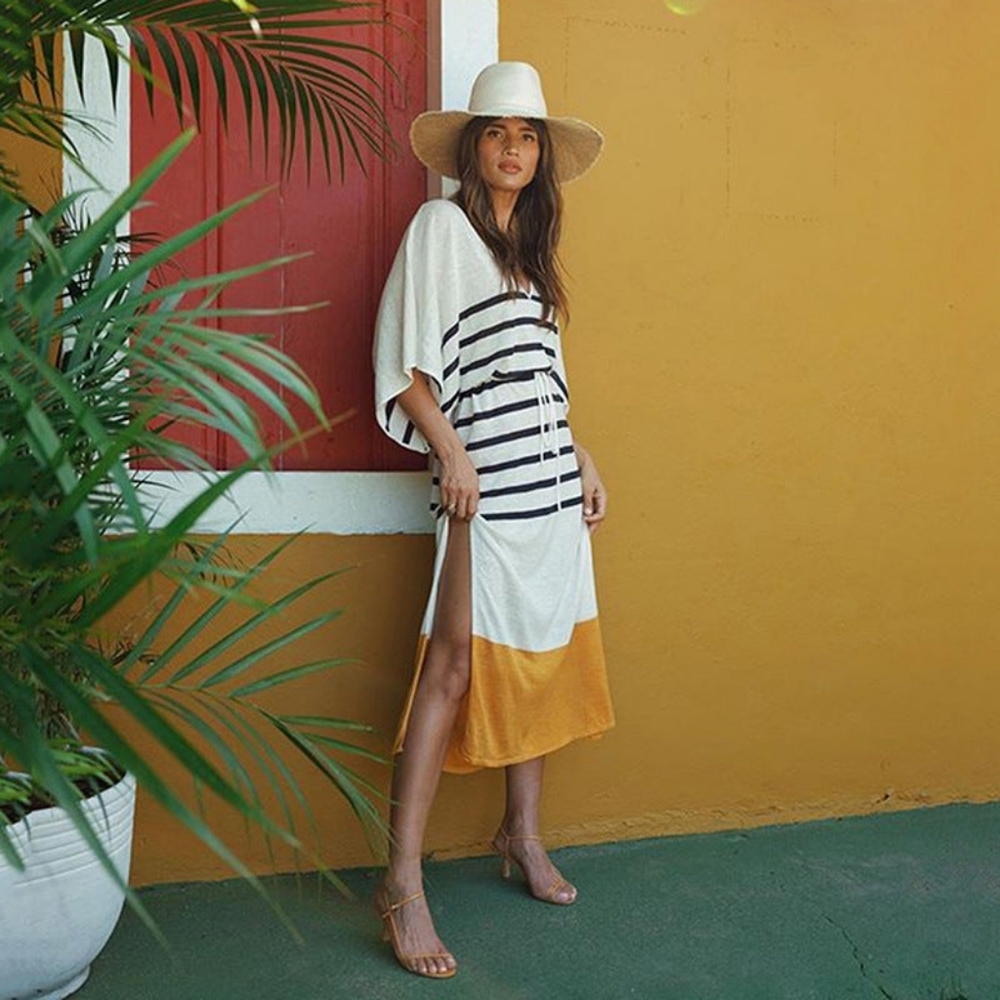 Frame Denim Cream Striped Maxi Dress with Mustard Hem